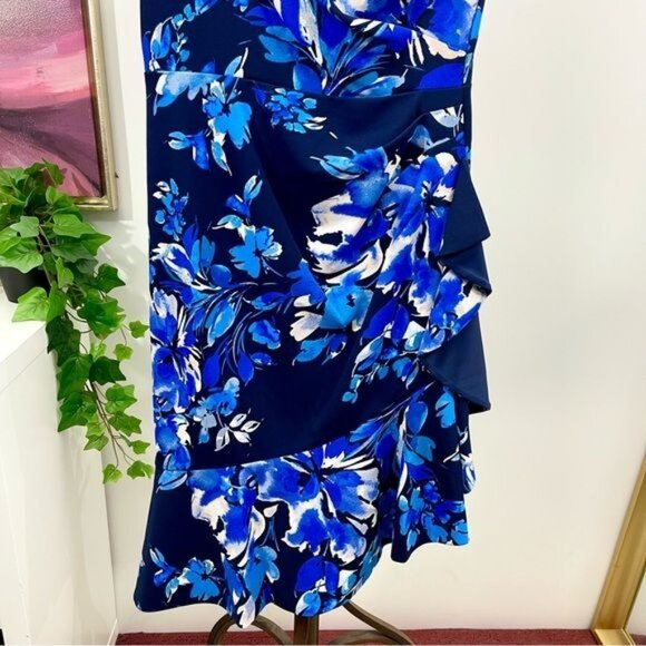 New Eliza J Boat Neck Cascade Ruffle Sheath Dress in Floral Print Size 8 - Picture 6 of 10